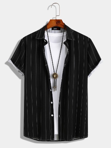 Basic Solid Line Stripe Shirt | Black / M