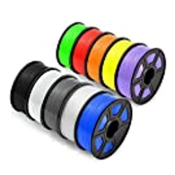 PLA 3D Printer Filament Bundle Multicolor, 10kg PLA Filament 1.75mm Dimensional Accuracy +/- 0.02 mm, 10000g PLA, 1kg Spool, 10 Pack, Black+White+Grey+Transparent+Blue+Green+Red+Orange+Yellow+Purple