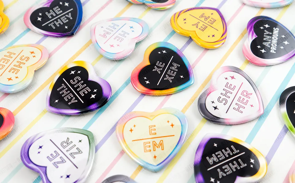 Customizable Heart Shaped LGBTQIA Queer Gender Identity Pin back Pride Pronoun and NeoPronoun Buttons- Made to order, Personalizeable