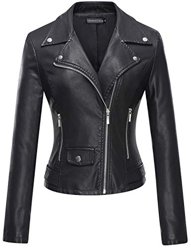 Tanming Women's Faux Leather Moto Biker Short Coat Jacket - A Black - X-Large