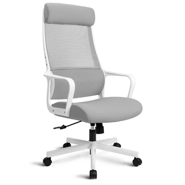 MELOKEA Ergonomic Office Chair Swivel Mesh Chair, High Back Desk Chair with Elastic S-shaped Lumbar Support, Adjustable Height and Headrest, Executive Computer Chair for Home and Work Grey
