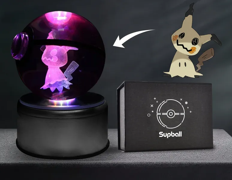 Pokemon Mimikyu, Pokemon Mimikyu Pokeball, Pokeball Crystal 5CM Included Batteries, Ready to Light Up