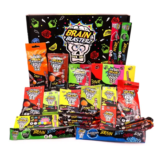 Sour Candy LARGE Gift Box by Brain Blasterz | Hard Sour Candy, Brain Breakerz, Sour Chew Bar, Lollipop, Brain Bitz, Sour Powder & More | Apple, Strawberry, Lemon, Cola & More - 