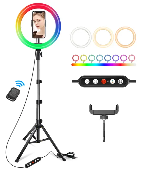 Weilisi 10" Ring Light with Stand 72'' Tall & Phone Holder,38 Color Modes Selfie Ring Light with Tripod Stand,Stepless Dimmable/Speed LED Ring Light for iPhone & Android,YouTube, Makeup,TIK Tok - 10'' RGB
