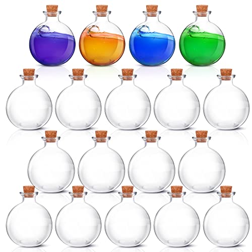 Tessco 18 Pieces Potion Bottles with Lid 8.5 oz Spherical Clear Glass Bottle Round Decorative Glass Sphere Jar for Halloween Decor Costume Props Sand DIY Crafts (Cork)
