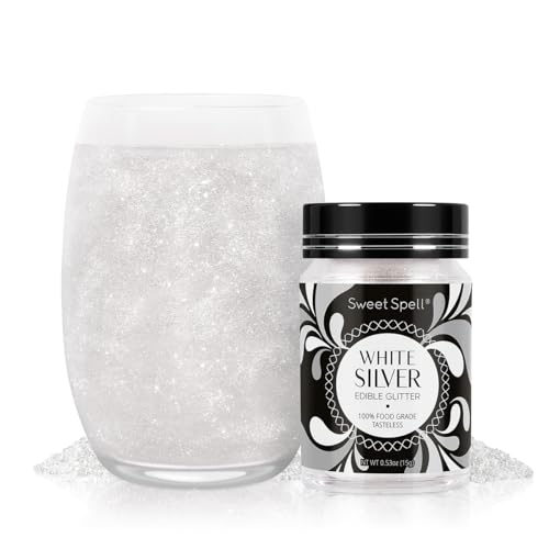 Sweet Spell Edible Glitter (15g) - Shimmer Sparkles for Drinks, Cakes, Cocktails - 100% Edible & Food Grade Glitter, Vegan, Gluten-Free (White Silver) - White Silver
