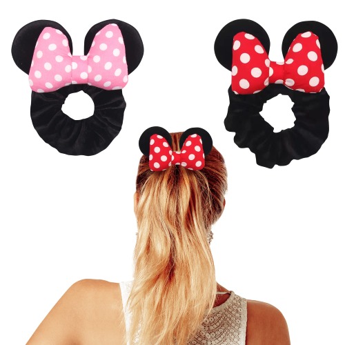 Styla Hair 2pk Mouse Ear Scrunchies for Kids Velvet Hair Bow Scrunchies for Women - Sparkle Sequins Mouse Hair Bands for Pony Tail (No13 Red White Puff Dot) - No1 Red Black