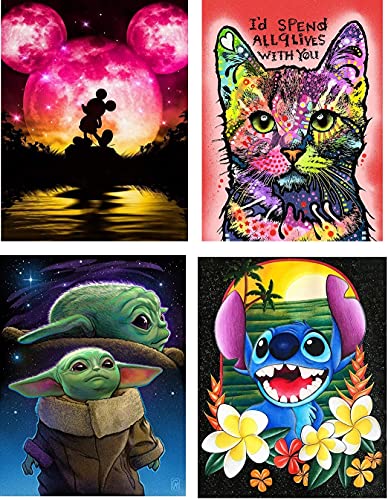 4 Pack Large Size DIY 5D Diamond Painting Kits Packaged in a Gift Box, Full Round Drill Diamond Arts- Mickey Mouse in The Moonlight, Cat, Baby Yoda, Stitch in The Flowers (Canvas Size: 17.7x13.8 in)