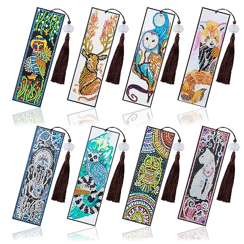 8 Pack Animal Diamond Painting Bookmark Gift Collection，5D Diamond Painting Kit Cartoon Animal Special Crystal Diamond Painting Bookmark DIY Leather Art Tassel Bookmark - 8 Pcs