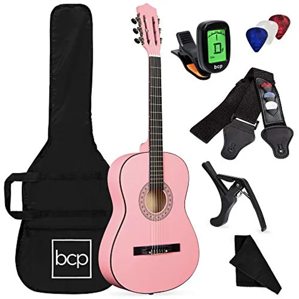 Best Choice Products 38in Beginner All Wood Acoustic Guitar Starter Kit w/Gig Bag, Digital Tuner, 6 Celluloid Picks, Nylon Strings, Capo, Cloth, Strap w/Pick Holder - Pink