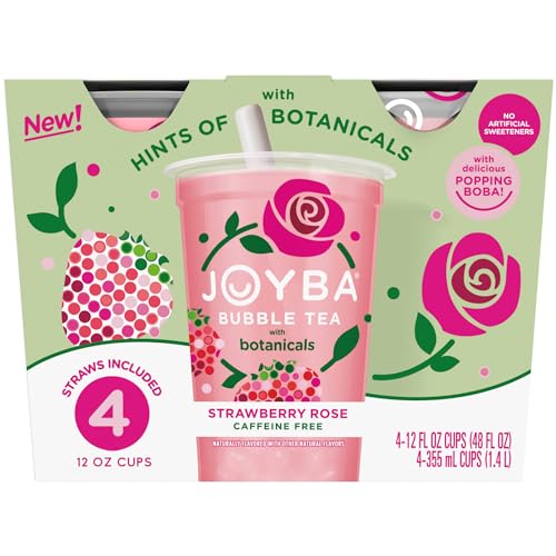 JOYBA Strawberry Rose Bubble Tea with Botanicals, 4 Pack, 12 fl. oz. Cups