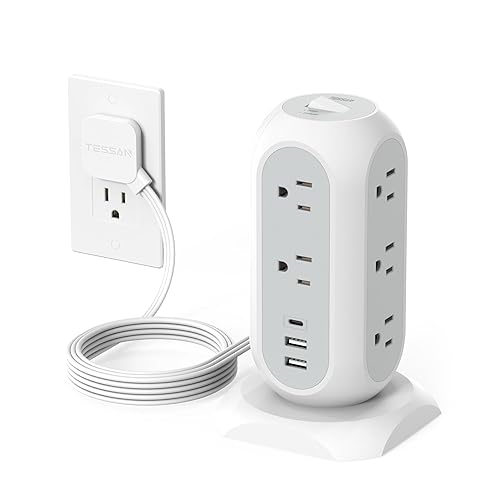 Tower Power Strip Flat Plug with 11 Outlets 3 USB (1 USB C), TESSAN Surge Protector Tower 1625W/13A,1050J Protection, 6 Feet Extension Cord with Multiple Outlets, Office Desk Supplies, Dorm Essentials - White - 6 Feet