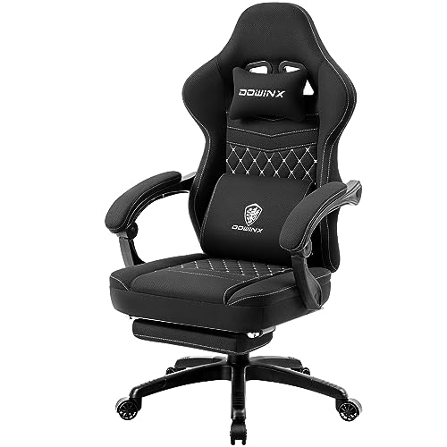 Dowinx Gaming Chair Breathable Fabric Computer Chair with Pocket Spring Cushion, Comfortable Office Chair with Gel Pad and Storage Bags, Massage Game Chair with Footrest, Black - Black