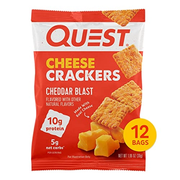 Quest Nutrition Cheese Crackers, Cheddar Blast, High Protein, Low Carb, Made with Real Cheese, 12 Count (1.06 oz bags) - Cheddar Blast