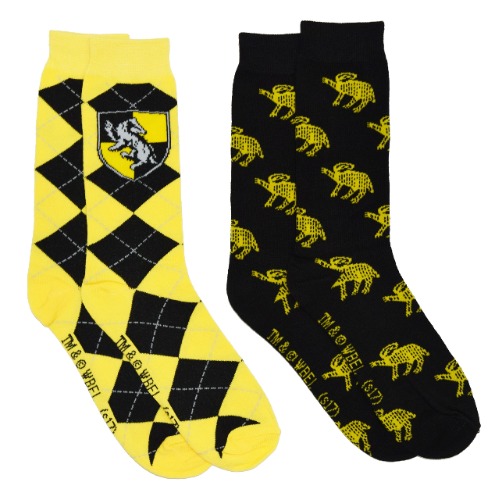 Harry Potter 2 Pack Gryffindor Ravenclaw Huffle Puff Slytherin House Mens Crew Socks (Hufflepuff) - 
