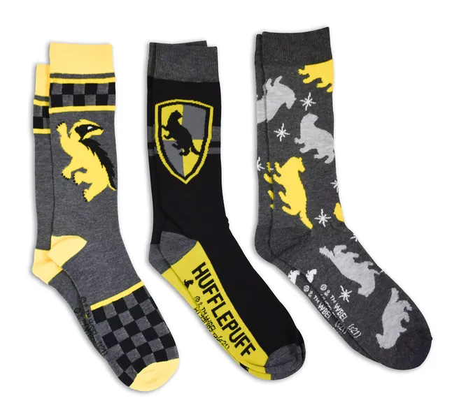 Harry Potter Gryffindor Ravenclaw Slytherin Hufflepuff House Men's Crew Socks 3 Pair Pack - Yellow