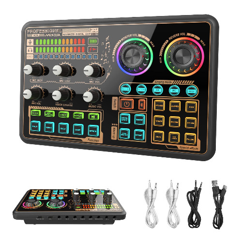 Sound Effects Board, Hosabely Audio Interface with Voice Changer and LED Lights, Live Sound Board for PC Phone Microphone, Audio Mixer for Karaoke, Streaming, Recording, Gaming - 600