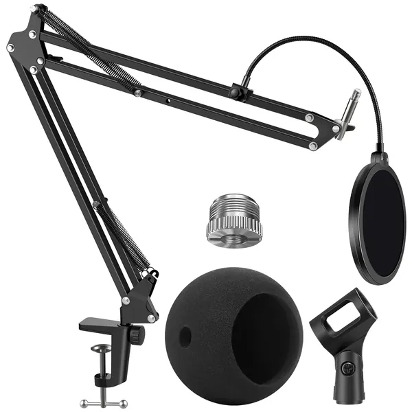 InnoGear Adjustable Mic Stand for Blue Snowball and Blue Snowball iCE Suspension Boom Scissor Arm Stand with Microphone Windscreen and Dual Layered Mic Pop Filter, Max Load 1.8 KG, Large - Large