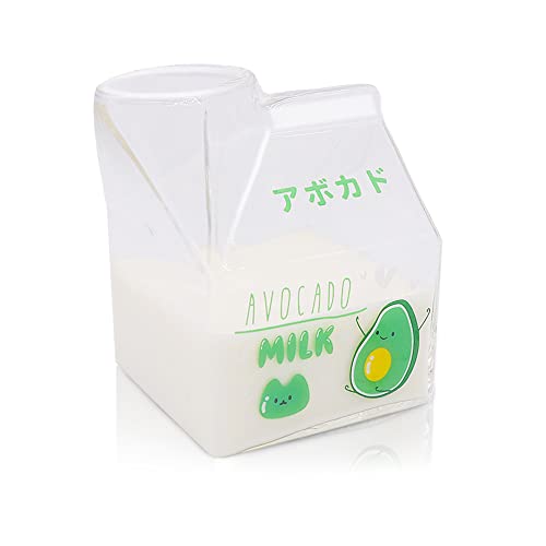 Blsky Kawaii Milk Carton Cup Microwavable 12 Oz Cute Milk Cups Mini Creamer Container Square Breakfast Mug Glass Creamer Pitcher with Gift Box (Avocado) - Avocado