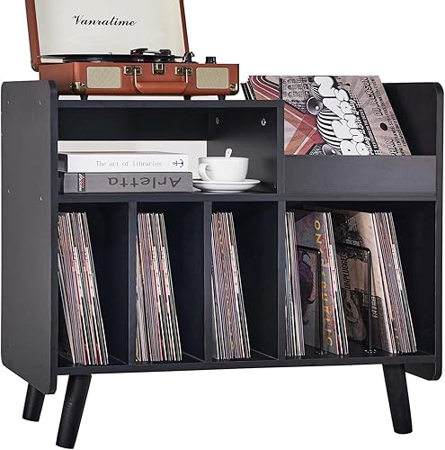 BEROXII Record Player Stand, Large Record Player Table Cabinet with Open Vinyl Storage and Display Shelf Holds up to 350 Albums, Mid Century Wood Turntable for Living Room, Bedroom (Black) - Black