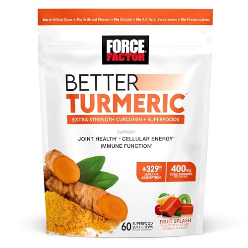 Force Factor Better Turmeric Joint Support Supplement for Extra Strength Joint Health, Featuring HydroCurc Turmeric Curcumin with Black Pepper for Superior Absorption, Fruit Splash, 60 Soft Chews - Fruit Splash - 60 Count (Pack of 1)