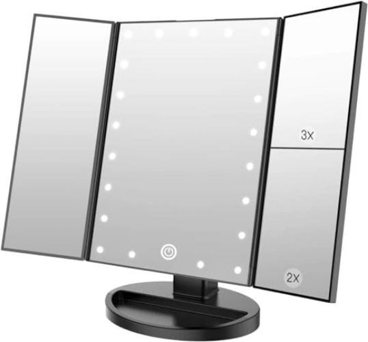 WEILY Lighted Vanity Makeup Mirror 1x/2x/3x Magnification Trifold with 21 LED Lights Touch Screen and USB Charging, 180 Degree Adjustable Stand for Countertop Cosmetic Makeup Mirror(Black) - Black