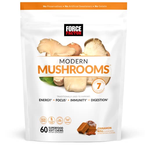 Force Factor Modern Mushrooms Soft Chews, Mushroom Supplement with Lions Mane, Turkey Tail, & Cordyceps to Support Energy, Focus, Immunity, & Digestion, Cinnamon Roll, 60 Soft Chews - 60 Count (Pack of 1)