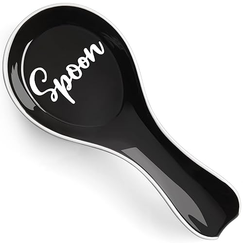 Ceramic Spoon Rest for Stove Top, DAYYET Large Spoon Holder, Spoon Rest for Kitchen Counter, Spatula Holder Utensil Rest for Ladles, Tong, Modern Rustic Kitchen Decor, Black - 5.Black - 1