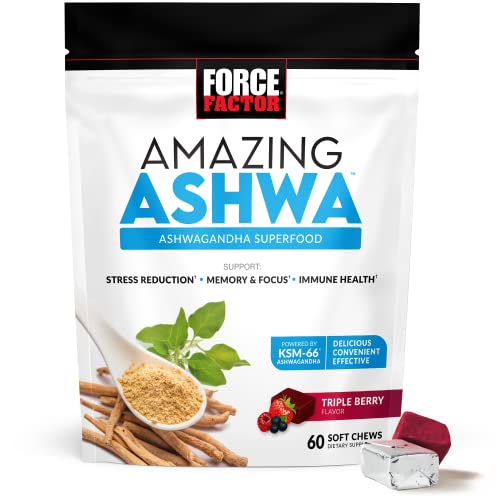 Force Factor Amazing Ashwa for Stress Relief, Memory, Focus, and Immune Support Health, Ashwaganda Supplement with KSM-66 Ashwagandha for Stress, 60 Soft Chews - 60 Count (Pack of 1)