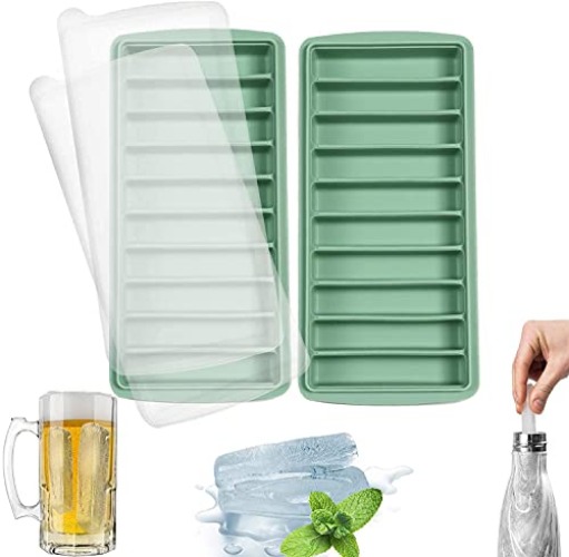 LessMo 2 Pack Ice Cube Tray, Easy Release Reusable Ice Cube, Silicone, with No-Spill Removable Lid, 10 Cavities, BPA Free, Ideal for Sports and Water Bottles, Whiskey,Cocktail - Green
