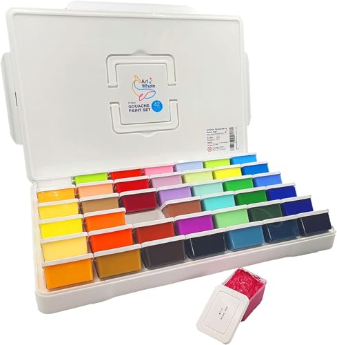 Gouache Paint Set 42 Colors 50 ml, 1.7 fl oz Cups With Lids in a Carrying Case by Art Whale - Water-Based Paint Set for Painting on Canvas, Paper, Wood - Art Supplies For Adults, Students, and Kids