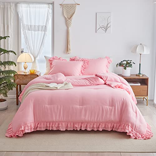 Pink Ruffle Comforter Set Queen Size, 3 Pieces (1 Ruffled Comforter Set and 2 Pillowcases) Farmhouse Shabby Chic Style with 2 Layers Ruffle, Solid Color Lightweight Fluffy Bedding Sets for All Season - Pink - Queen(1 Comforter + 2 Pillow Shams)