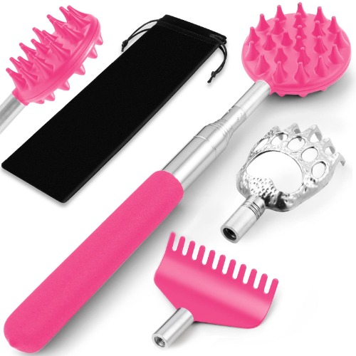 TUKUOS Telescoping Back Scratcher with 3Pcs Detachable Scratching Heads, Back Scratcher Extendable Backcratchers for Men/Women,Bear Claw/Rake Scratcher for Aggressive/Moderate Scratching - 3 Attachments Pink