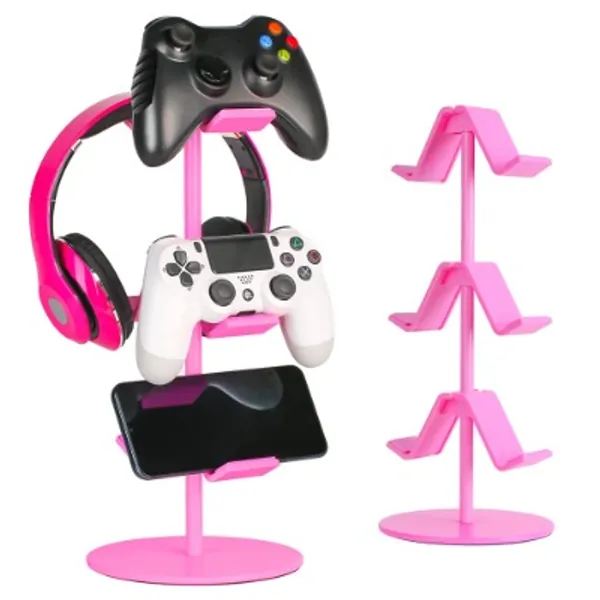 Controller Holder Pink,Headphone Stand,3 Tier KELJUN Multi Adjustable Game Controller Headset Hanger for All Universal Gaming PC Accessories, Xbox PS4 PS5 Nintendo Switch(Cute Pink)