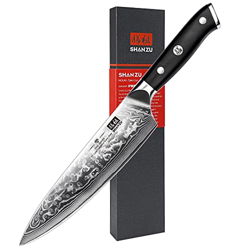 SHAN ZU Chef Knife 8 Inch Japanese Steel Damascus Kitchen Knife, Professional Kitchen Knives Sharp High Carbon Super Steel Kitchen Utility Knife - Chef Knife A