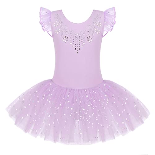 Zaclotre Kid Girls Ruffle Sleeve Ballet Skirted Leotard Shiny Dance Tutu Dresses - Lilac - 6-7 Years