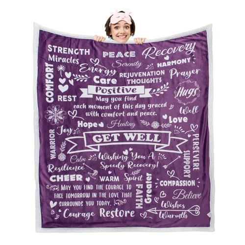 mami home get Well Soon Gift Blanket, Healing Thoughts Positive Energy Comfort Blanket, Flannel Fleece Sherpa Throw Blanket 60x50 (Purple, 60x50) - Purple 60x50