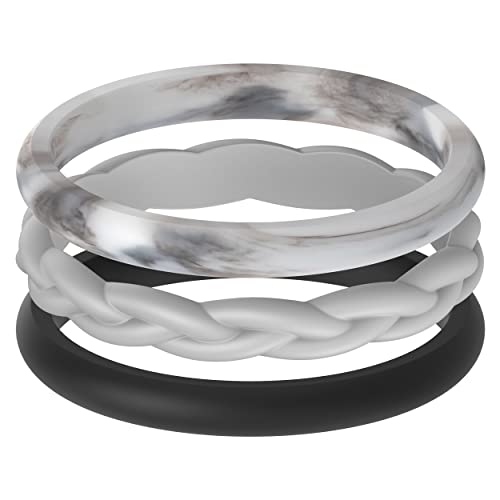 ThunderFit Women Silicone Wedding Bands, Breathable Wedding Rings for Women, Unique Designs - Braided-grey A, Thin-black, Light Marble - 9.5 - 10 (19.8mm)