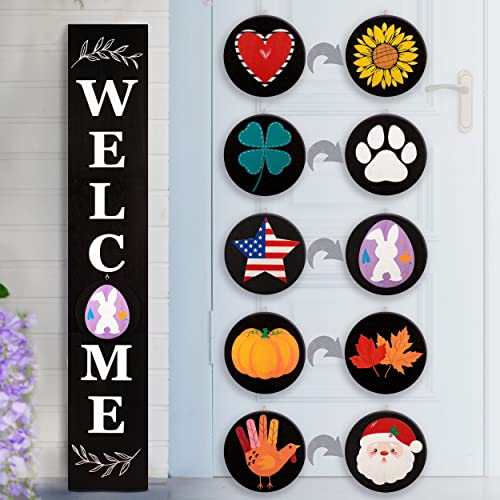Perfnique Welcome Sign for Front Door, 47 x 7.9 Wooden Sign with 10 Interchangeable Icons for Porch Standing, Farmhouse Seasonal Decor (Black)