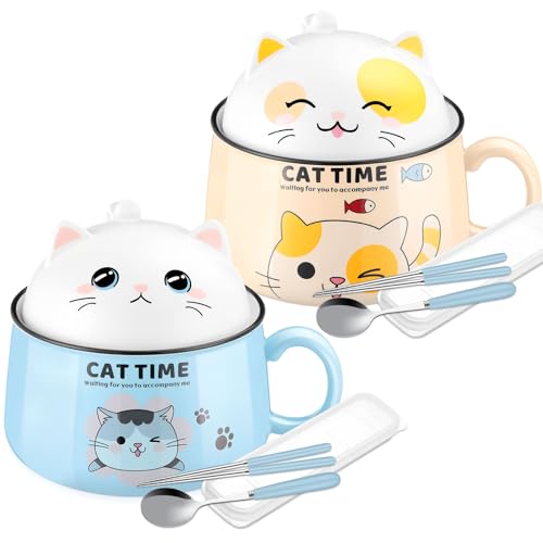 Hsei 2 Set 34.5 oz Ramen Bowl with Lid Cute Cat Ramen Cooker Soup Bowl with Chopsticks and Spoon Ramen Noodle Bowl Salad Bowl Cereal Bowl Pasta Bowls Dessert Bowls with Handle