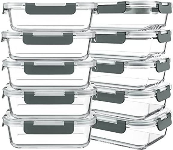 KOMUEE 10 Packs 30 oz Glass Meal Prep Containers,Glass Food Storage Containers with Lids,Airtight Glass Lunch Bento Boxes,BPA Free,Microwave, Oven, Freezer and Dishwasher,Gray - White
