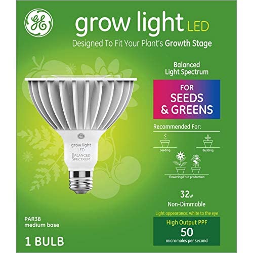 GE Grow Light for Plants, LED Flood Light Bulb For Seeds and Greens, Balanced Light Spectrum, High Output PPF 50 Micromoles Per Second (1 Pack) - 1 Count (Pack of 1) PAR38 Lights