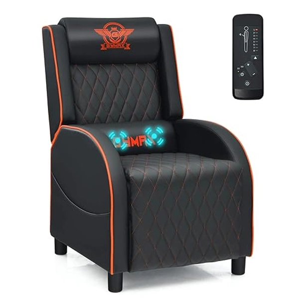 GYMAX Massage Gaming Recliner Chair, Ergonomic Racing Style Single Sofa with Adjustable Headrest, Backrest & Footrest, Home Theater Sofa for Living Room Office (Orange)