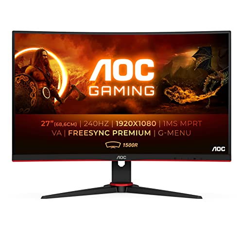 AOC Gaming C27G2ZE - 27 Inch FHD Curved Monitor, 240Hz, 0.5ms, VA, AMD FreeSync Premium, Low Input Lag (1920x1080 @240Hz, 300cd/m² HDMI/DP) - 27 inch FHD Curved - 240Hz - without USB hub