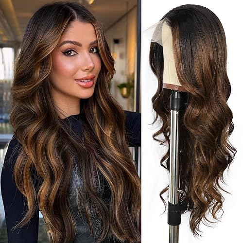 SOMIARIK Ombre Dark Brown Wavy Wig for Women, 13x4 Transparent Lace Front Long Dark Brown Wigs Middle Part Wavy Wig Natural Looking Synthetic Heat Resistant Fiber Wig for Daily Party Use 26 Inch - 26 Inch - Brown