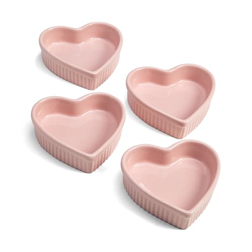 Paris Hilton Heart Shaped Ramekin Set, Mini Ceramic Ramekins, Oven Safe Baking Dishes, Dishwasher Safe, Stoneware Made without PFOA, 4-Piece Set, Pink