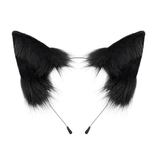 Adolala Furry Cat Wolf Fox Ears Headband Halloween Headwear Cosplay Costume Party for Women Girls - Black01