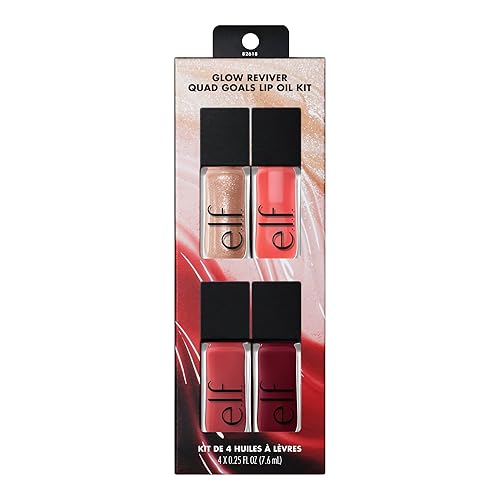 e.l.f. Glow Reviver Quad Goals Lip Oil Kit, Lip Gloss For A High-Gloss Finish & Sheer Wash Of Color, Non-Sticky, Vegan & Cruelty-Free, 4 Glosses - Quad Goals Lip Oil Kit - 1 count (Pack of 4)