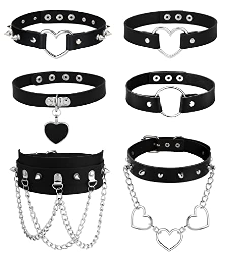 HAIAISO 6-9Pcs Leather Choker Black Punk Goth Choker Necklace Love Heart Spiked Choker Adjustable Pu Choker Collar for Women Girls - 6Pcs