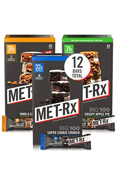 MET-Rx Big 100 Colossal Protein Bars Variety Pack, Meal Replacement, Super Cookie Crunch, Vanilla Caramel Churro, Crispy Apple Pie, 12 Count - Super Cookie Crunch, Vanilla Caramel Churro, and Crispy Apple Pie Flavors - 12 Count (Pack of 1)